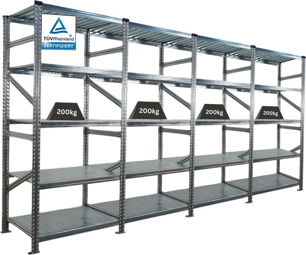 Fachbodenregal PROXIMO mit Stecksystem | Komplettregal | HxBxT 200x360x70cm | 5 Ebenen | Fachlast 200 kg | Beidseitig nutzbar | Verzinkt