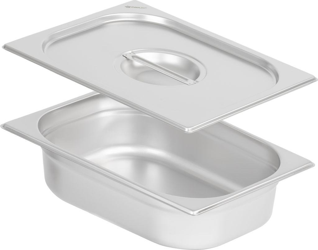 A stainless steel food pan and lid on a white background.
