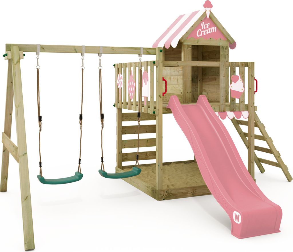 WICKEY Spielturm Klettergerüst Smart Candy mit Schaukel & Rutsche, Baumhaus mit Sandkasten, Kletterleiter & Spiel-Zubehör – pastellpink