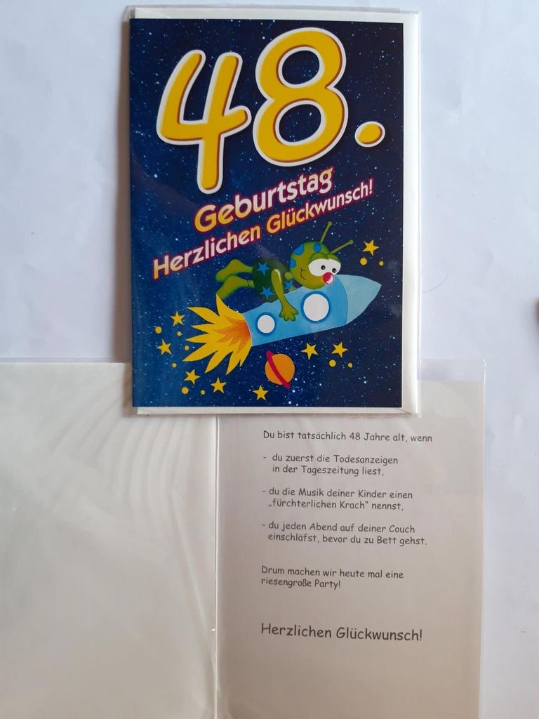 1 Glückwunschkarte, 48. Geburtstag, Doppelkarte m. Umschlag, Rakete Weltall Außerirdischer