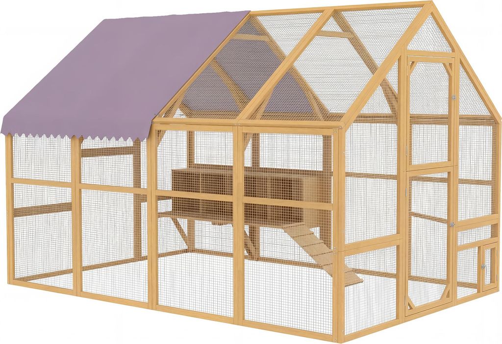 Hühnerstall Holz mit Freilauf, Sicherheitsschloss, Tür, 4 Nistkasten, für 8-12 Hühner, ca. 2,8 x 1,8 x 1,9 m, Gelb