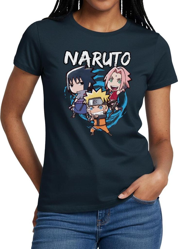 Spreadshirt Naruto Shippuden Chibi Naruto, Sakura & Sasuke Frauen T-Shirt, L, Navy