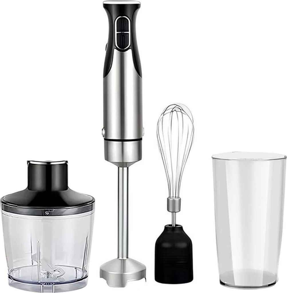 Avizar, Stabmixer 1800 W mit Schneebesen, Zerkleinerer und Messbecher, Silber