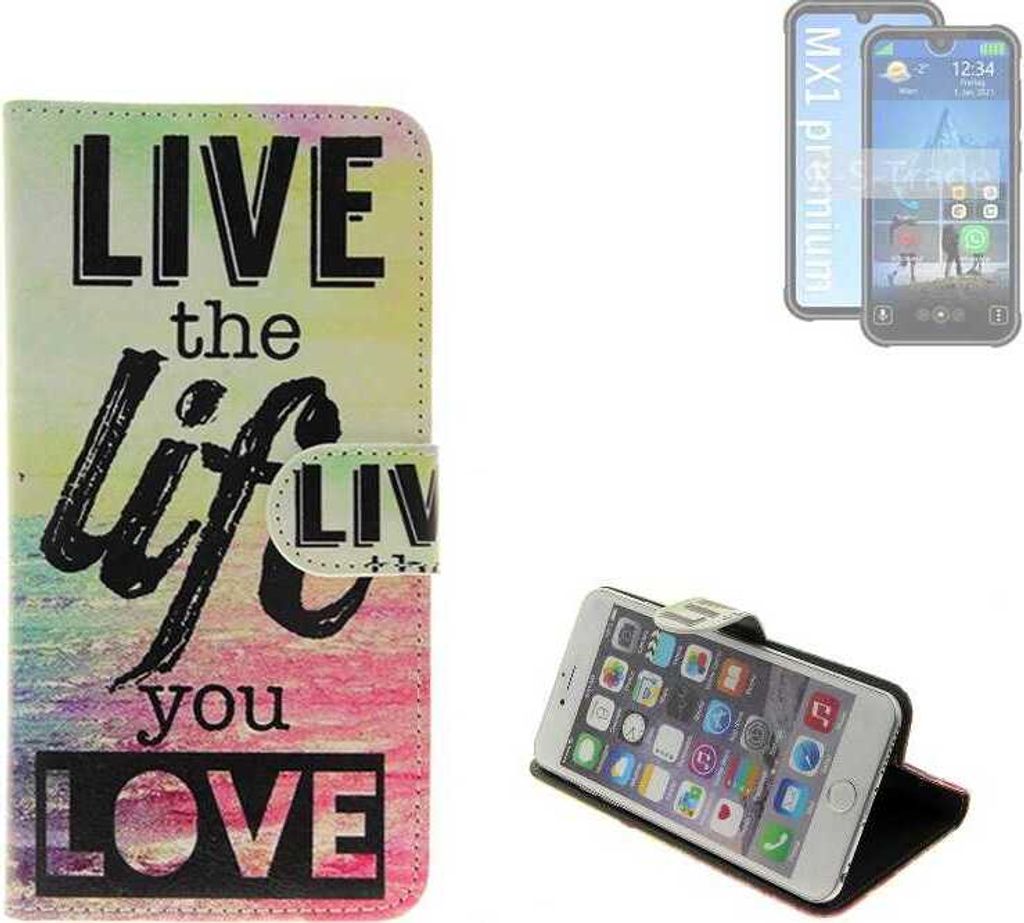 K-S-Trade Schutzhülle Handyhülle kompatibel mit Bea-fon MX1 premium 360° Wallet Case “live life love“ Klapphülle Tasche Etui Smartphone Flip