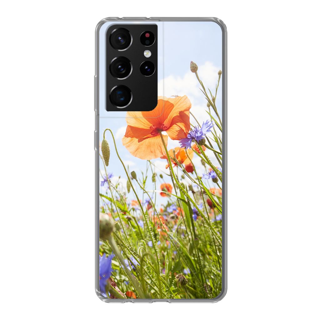 MuchoWow Handyhülle Schutzhülle Hülle für Samsung Galaxy S21 Ultra Blumen - Mohn - Frühling - Natur - Rot - Blau Silikon Softcase Handy Hül...