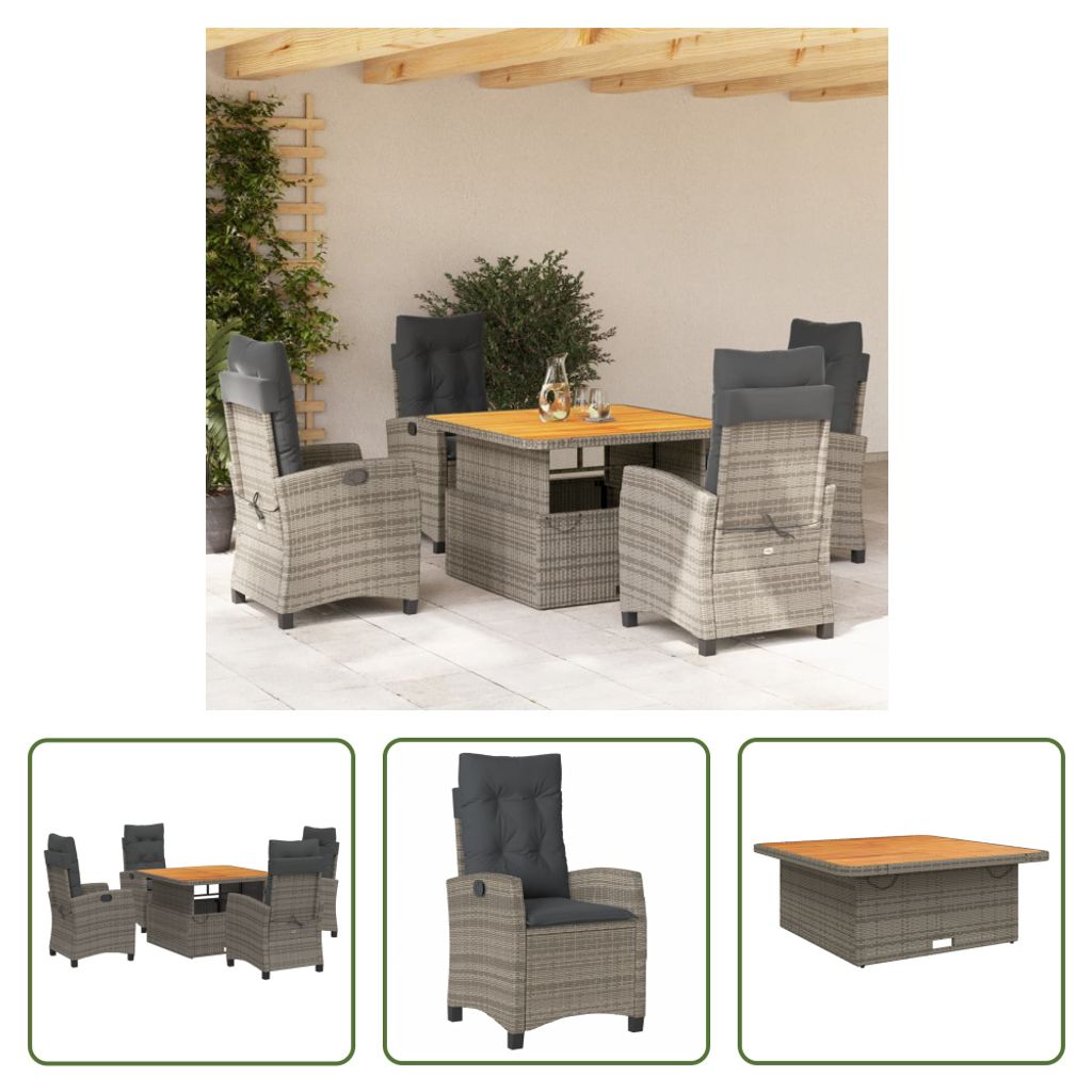 The Living Store 5-tlg. Garten-Essgruppe mit Kissen Grau Poly Rattan