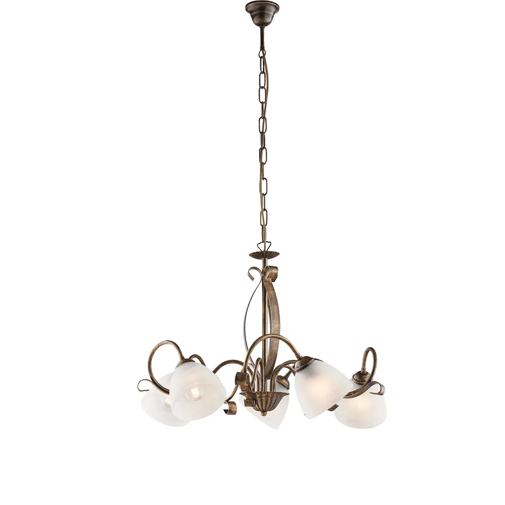 Lampadario Forgiato Ferro Marrone Oro Antico 5 Luci Vetro Alabastro