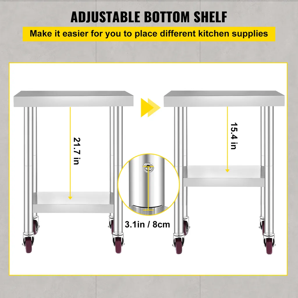 Table de découpe inox 76x45 cm avec étagère réglable et 4 roulettes - 6