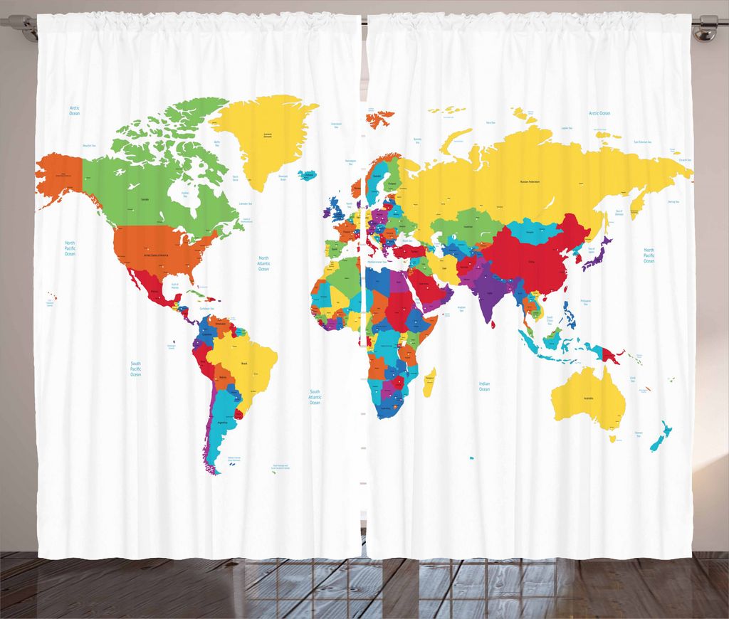 ABAKUHAUS Weltkarte Rustikaler Vorhang, Die Länder und Meere, Wohnzimmer Universalband Gardinen mit Schlaufen und Haken, 280 x 225 cm, Mehrfarbig