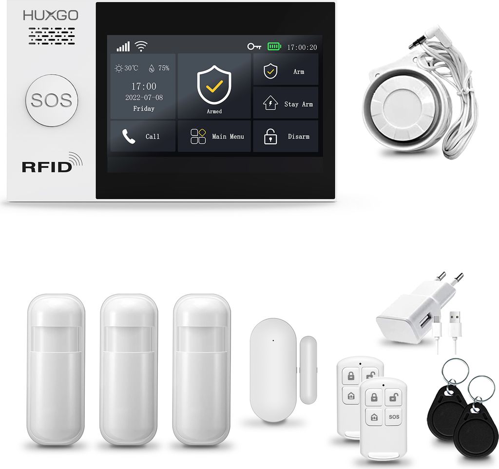 HUXGO HXA007 Alarmanlage Haus WiFi + GSM 2G mit Sirene, Alarm System mit 3x Bewegungssensor und 1x Tür-Fenstersensor, Alarmanlage für Wohnung, Ha...