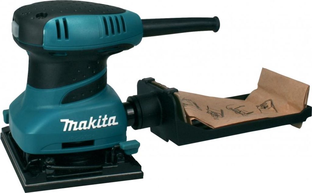 A Makita orbital sander with a dust collection bag.