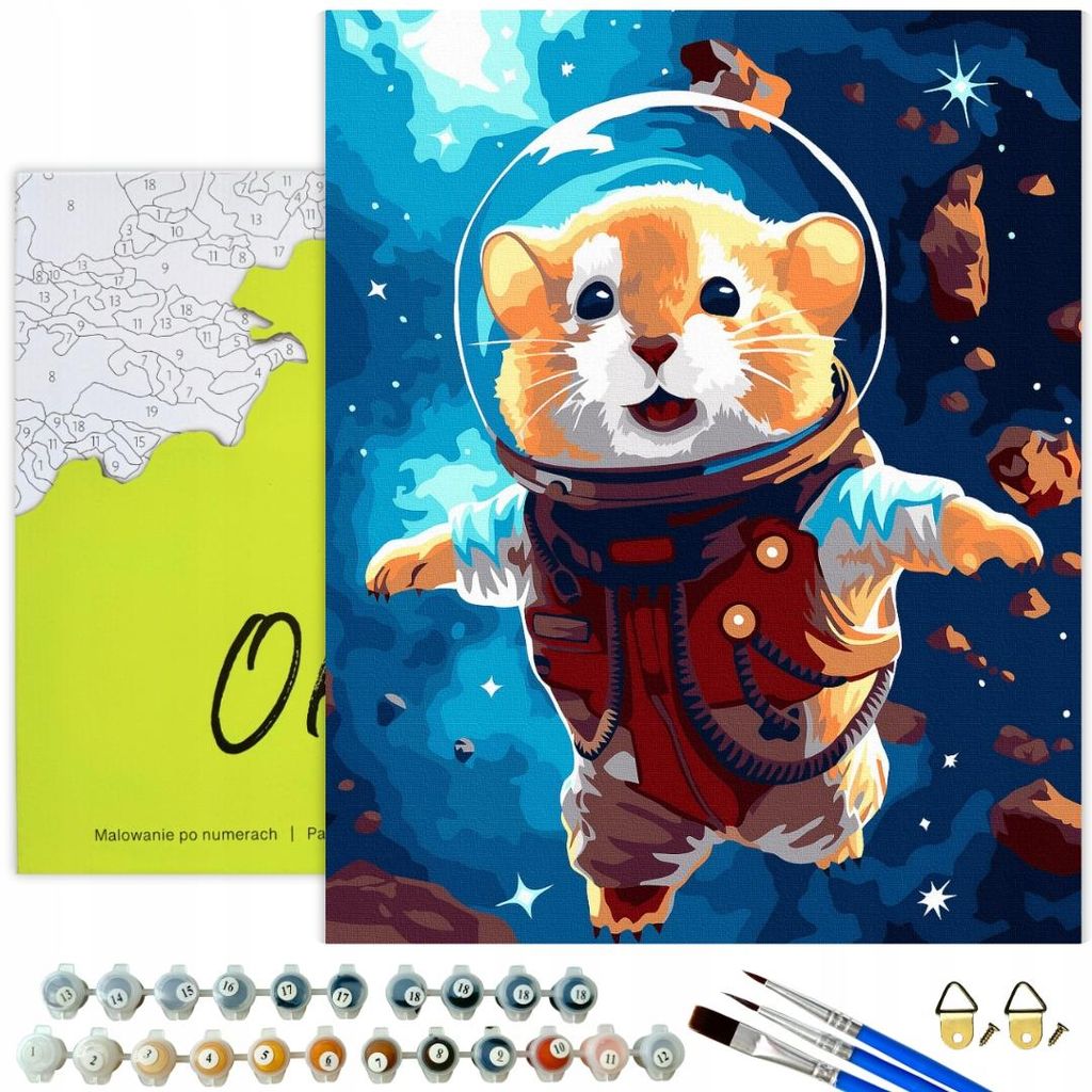 Oh Art! Malen nach Zahlen Kinder Tiere – Hamster im Weltraum 40x50 cm Mit Rahmen, 22 Acrylfarben & Pinsel DIY Painting Set für Erwachsene und Ki...