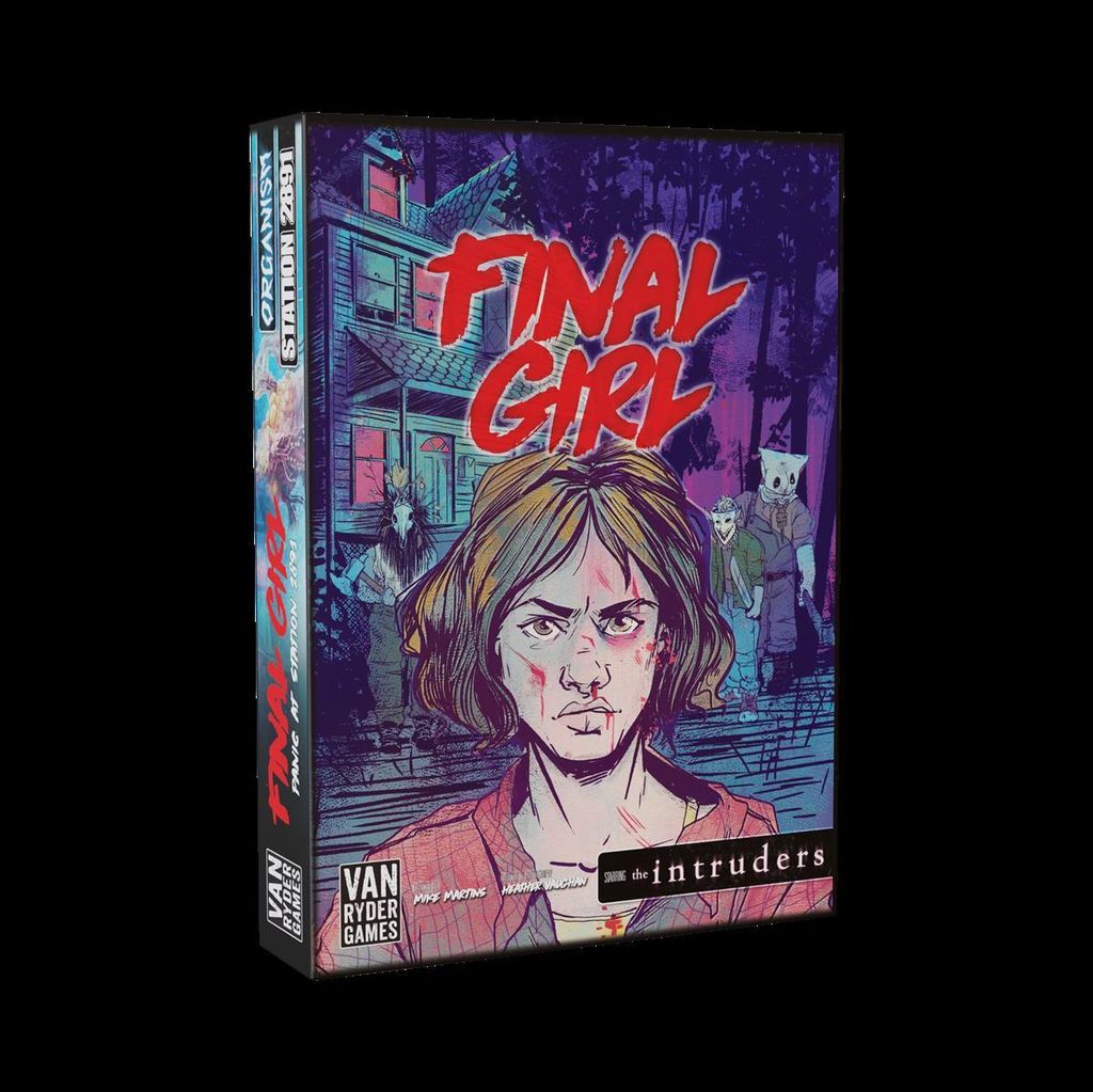 A box for the board game 'Final Girl', featuring artwork of a woman and menacing figures in front of a house.