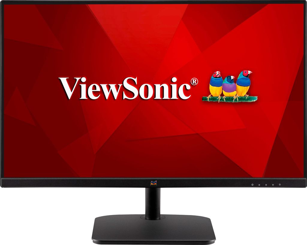 A ViewSonic monitor displaying the company logo and a graphic of three birds.