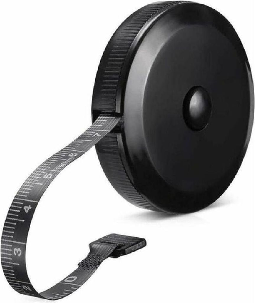 A black retractable tape measure with its tape extended.