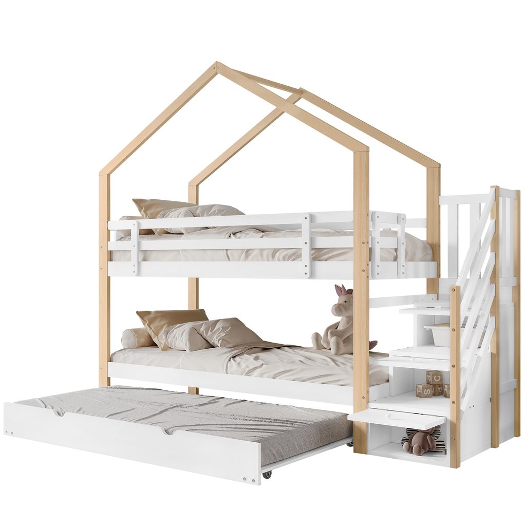 Etagenbett, Ausziehbares Baumhausbett, Schiebebett, Treppe mit 4 Schubladen, Kinderbett mit Absturzsicherung und Kinderbettgitter, mit Lattenroste,