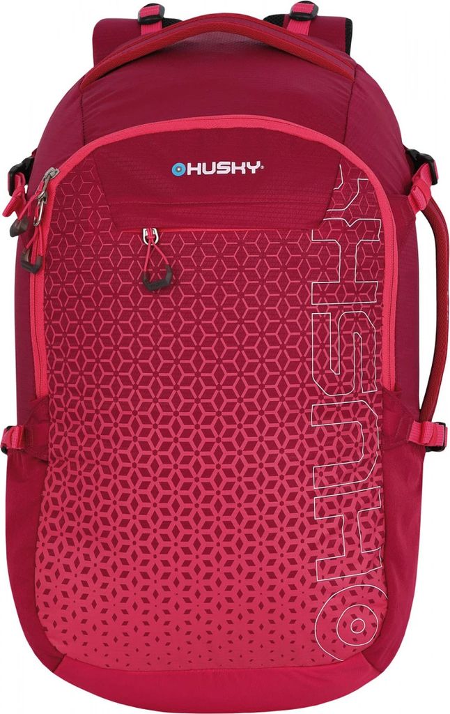 A magenta backpack with a geometric pattern on the front.
