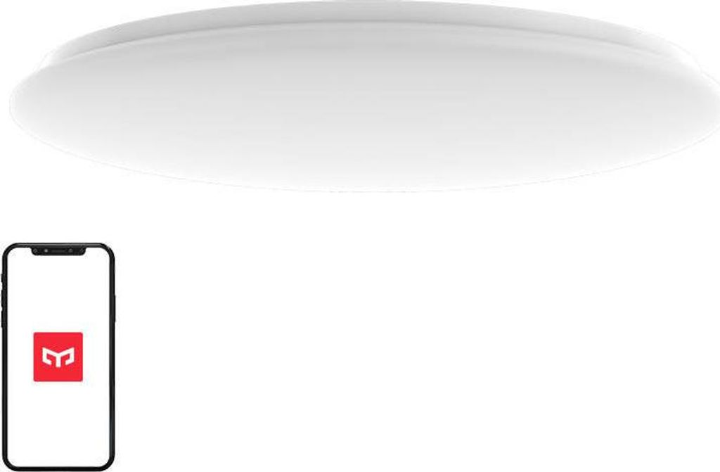 A white ceiling light and a smartphone with a red logo are shown against a white background.