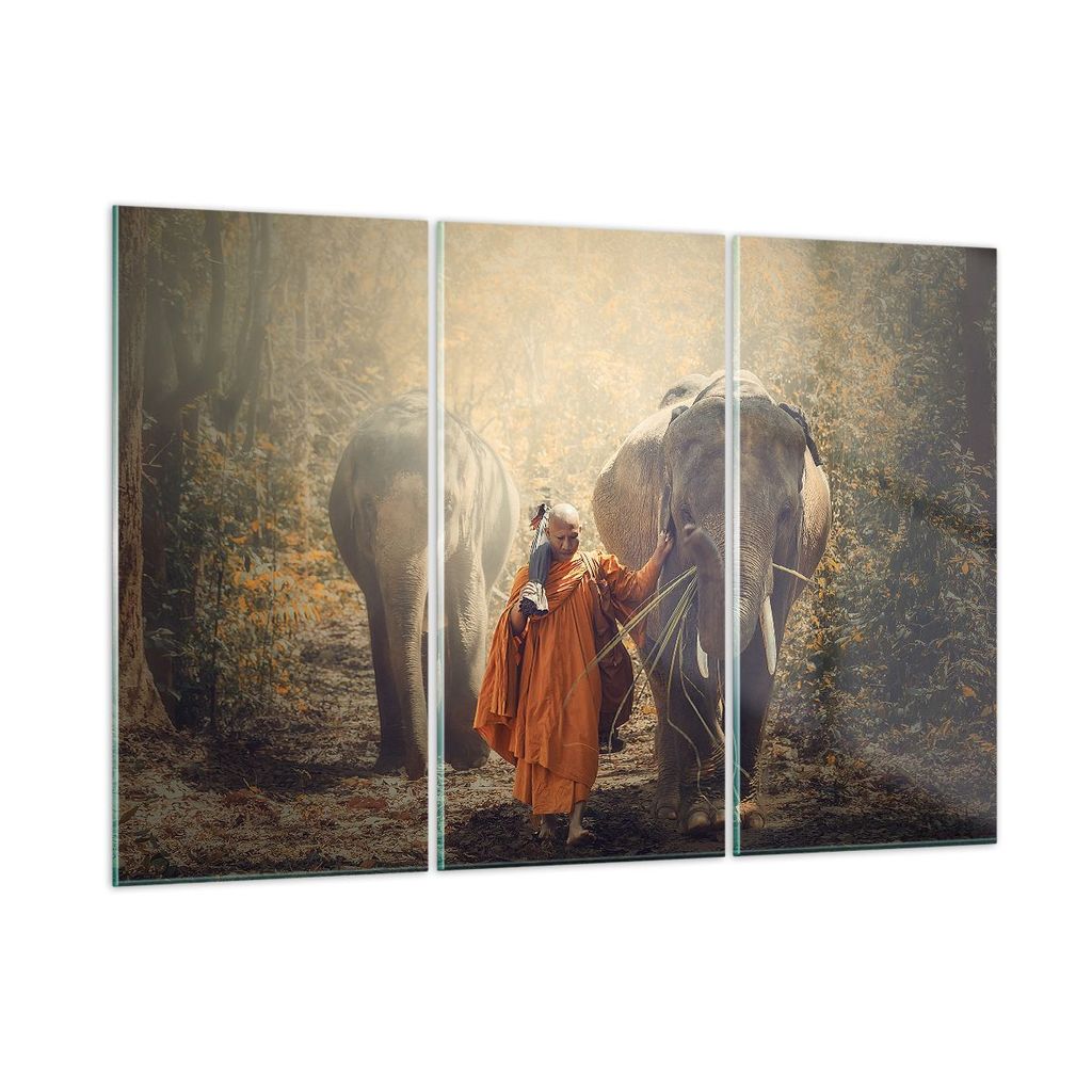 Bilder auf glas - Elefant Mönch Dschungel - 105x70cm - Glasbilder - Wandbilder - Kunstdruck - zum Aufhängen bereit - Wanddekoration aus Glas - Gl...
