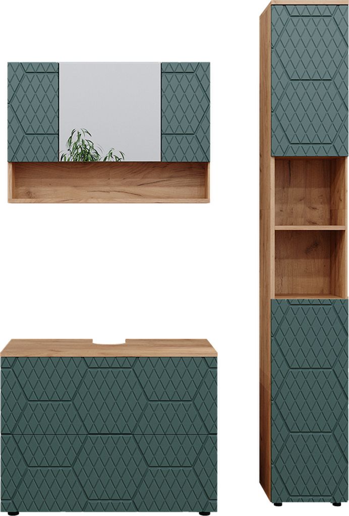 Vicco Badmöbel-Set Irma, 3 Teile, mit Spiegelschrank 80 cm, Goldkraft Eiche/Grün