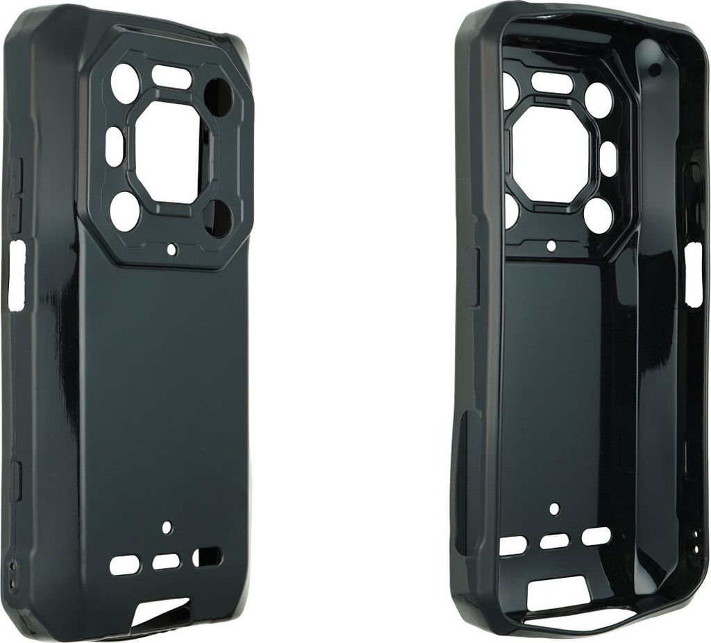 Two black phone cases shown from different angles against a white background.
