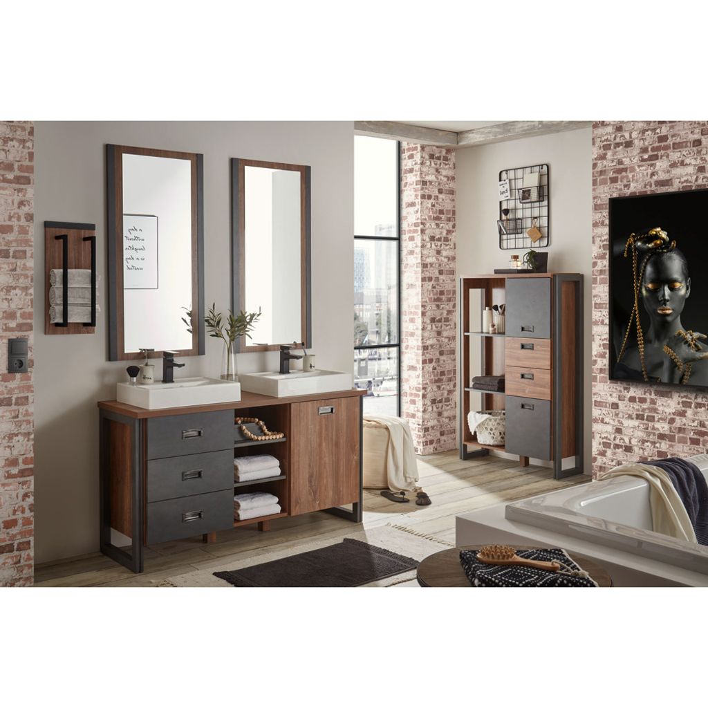 Badezimmer Doppelwaschtisch Set 4-tlg. DALLAS-61 in Stirling Oak Nb. mit Absetzungen in Matera anthrazit, B/H/T: ca. 248/205/40 cm