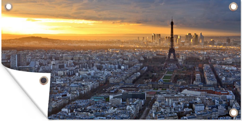 MuchoWow 160x80 cm Outdoor-Poster Gartendeko Sichtschutz Garten Poster für den Garten Paris - Skyline - Sonne