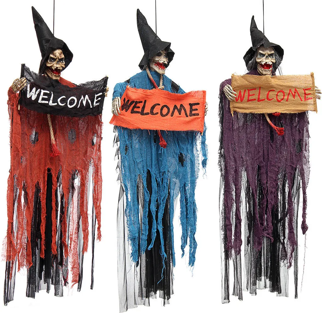 Strumenti spaventoso segno di benvenuto appeso scheletro voce luci occhi per decorazioni - grigio bianco
