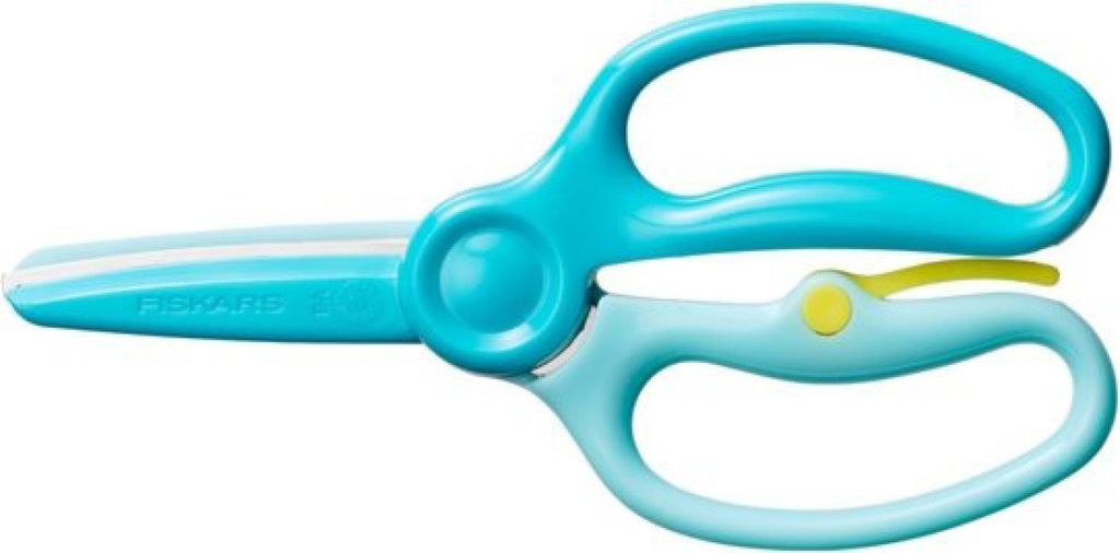 A pair of turquoise and light blue training scissors against a white background.