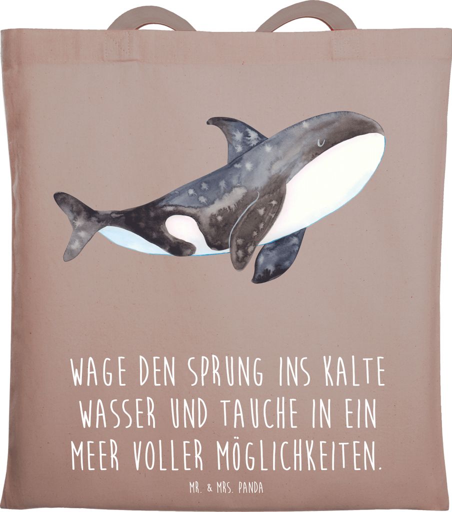 Mr. & Mrs. Panda Tote Bag Orca - Braun Pastell - Geschenk, Tragetasche, Meer, Laptoptasche, Schultasche, Büro, Arbeit, Beutel, Tasche, Orcas, Wal