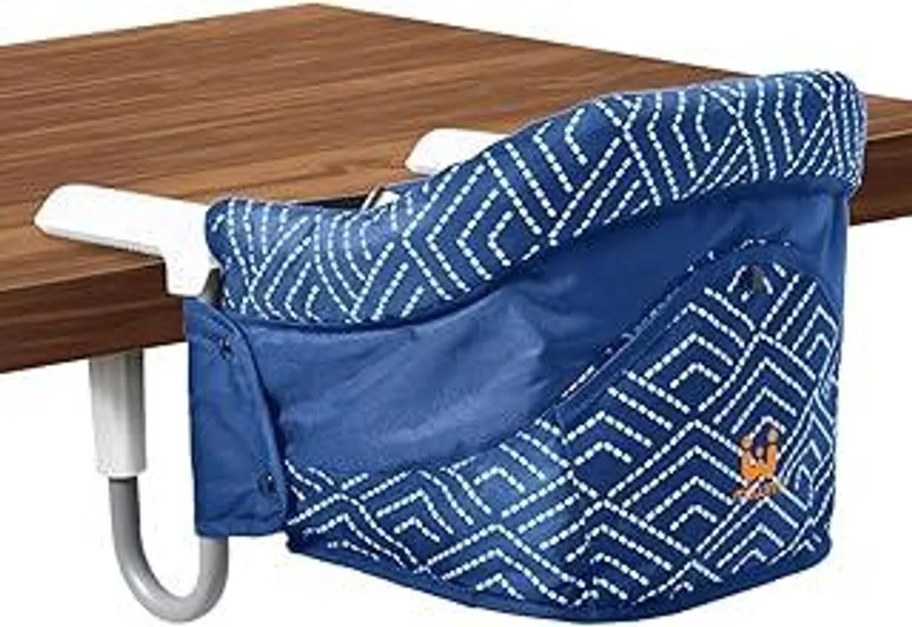 MTWML Seggiolino da tavolo per bambini senza vassoio, seggiolone pieghevole da agganciare, seggiolino portatile con cintura a 5 punti e borsa per il trasporto, rialzo per seggiolone da 6 a 36 mesi per la casa e in viaggio (blu a righe)