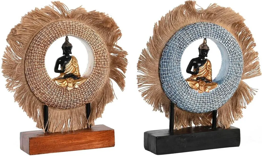 Figurine Bouddha Zen 19x25 cm décorative coloris Beige et Bleu - Lot de 2