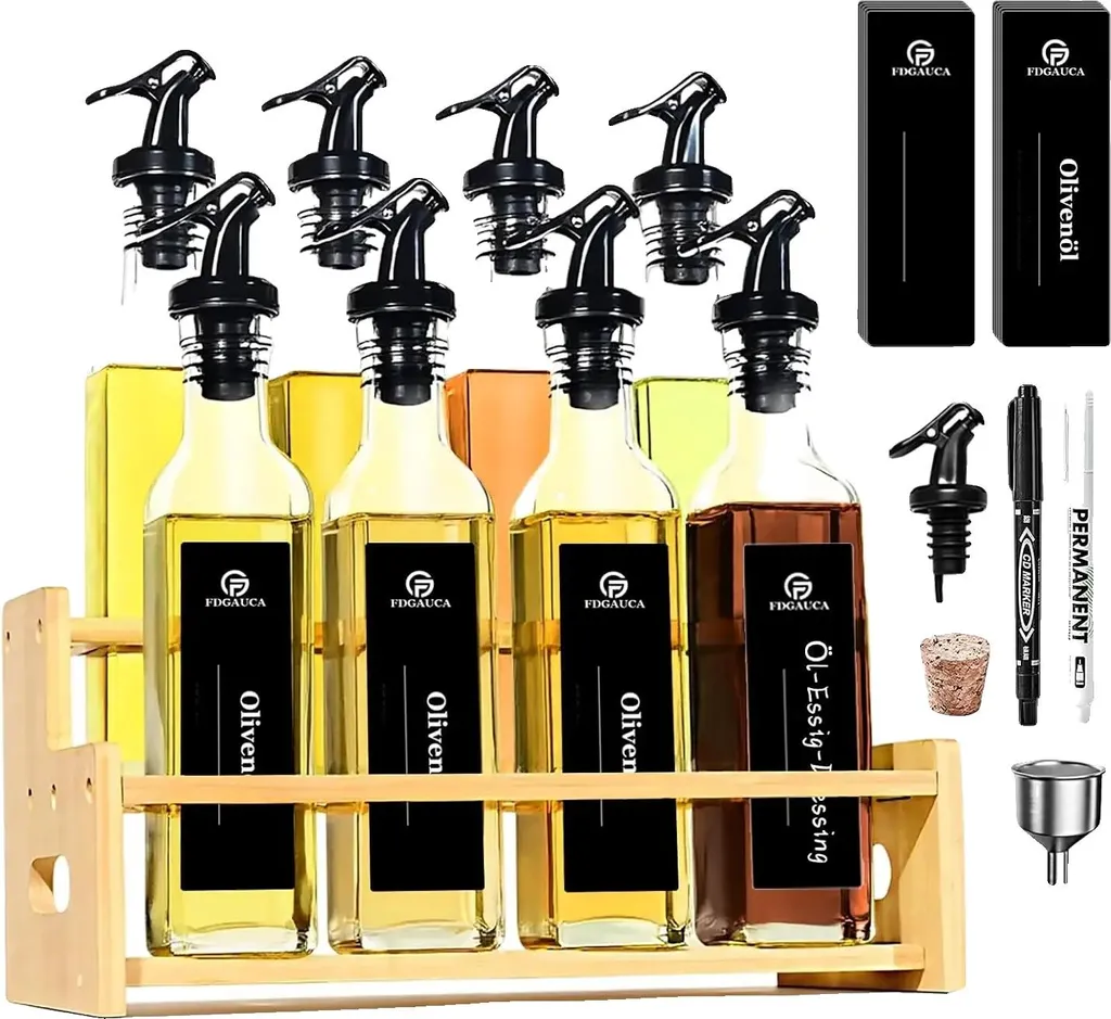 Ménagère Huile et Vinaigre 8 Pièces sur Présentoir Bambou Double Plateau
