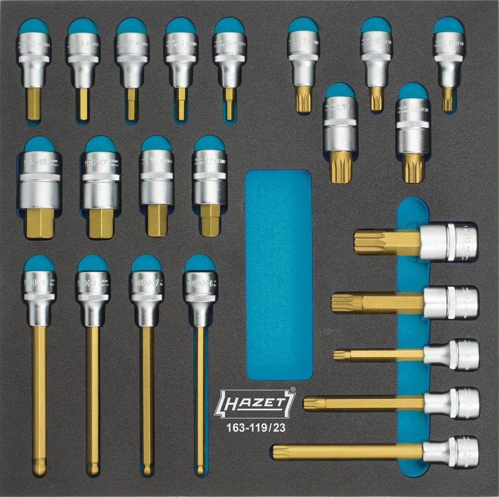 Hazet Schraubendreher-Steckschlüsseleinsatz Satz 1/2 (12,5 mm) Vierkant hohl, Innen Sechskant Profil, Innen Vielzahn Profil XZN, 23-tlg., 5 - 19, M8