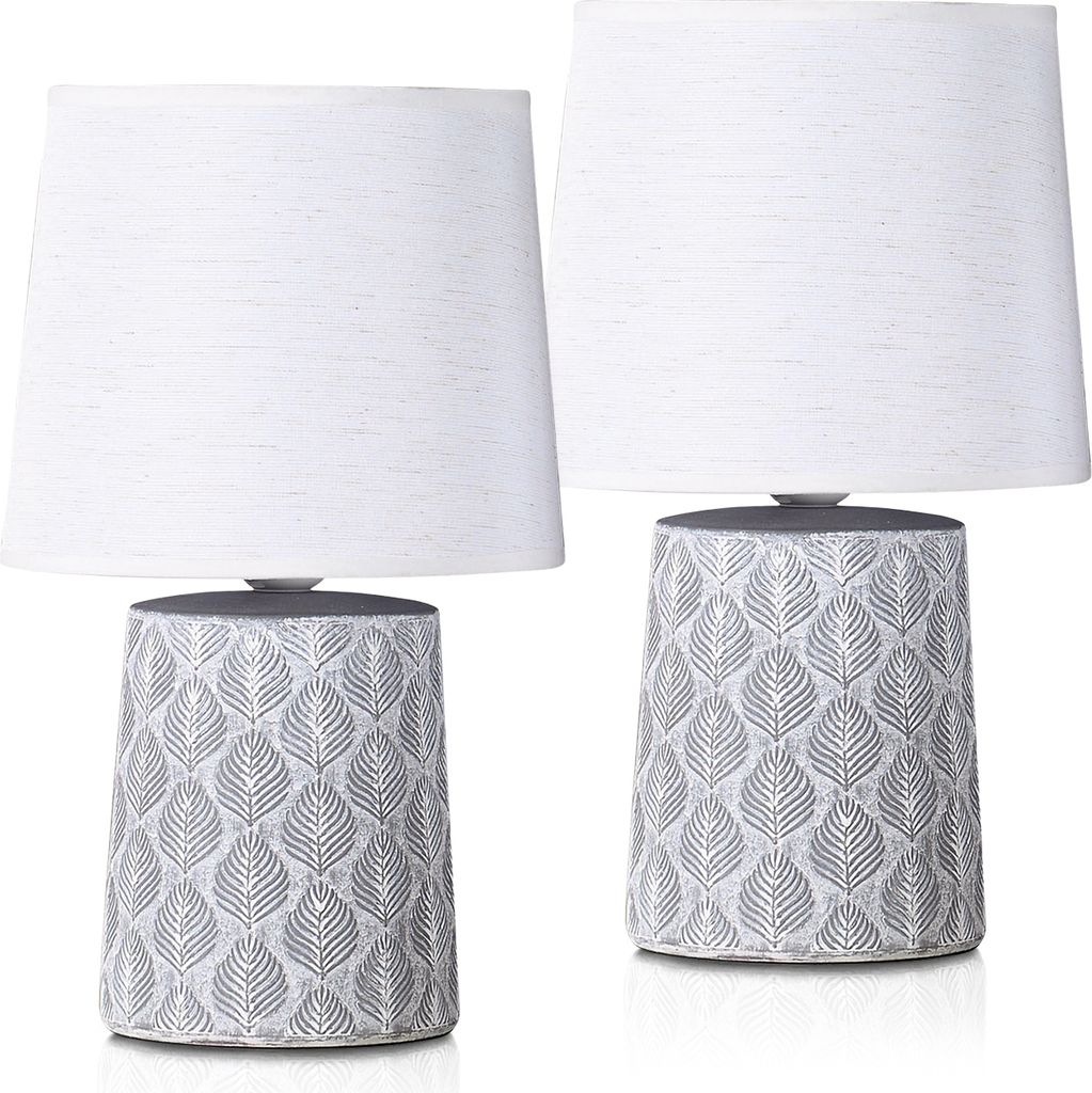 2er Set BRUBAKER Tisch- oder Nachttischlampen 33 cm Grau Hellgrau Blatt Ornamente und Leinen Schirme Weiß