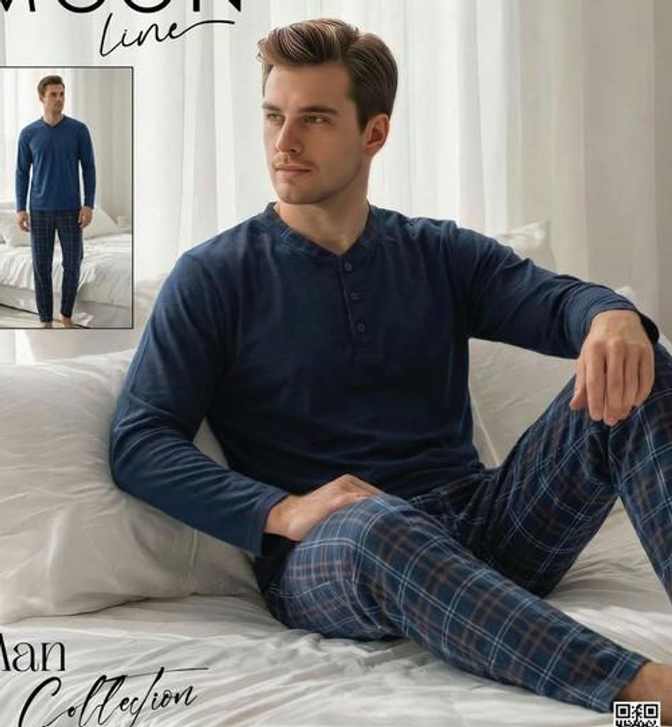 Pigiama da uomo blu XXL in cotone, maniche lunghe M-75 Immagine del prodotto 
