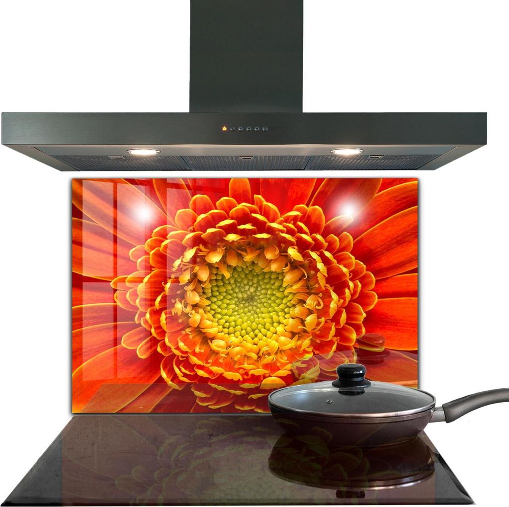 Spritzschutz aus Glas Küchenrückwand - Wandschutz für Herd und Spüle - 80x60 cm - Gerbera Blüte Orange
