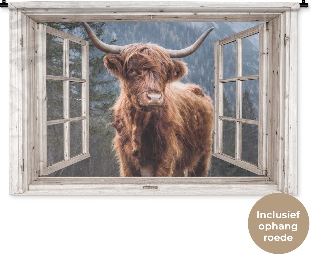 MuchoWow Wandteppich Wandbehang Scottish Hochlandrind - Aussicht - Berg 120x80 cm Tapisserie Dekoration Wandtuch - Wanddekorationen - Wandtücher