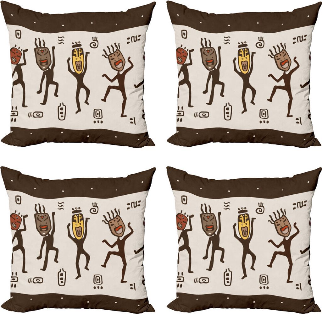 ABAKUHAUS Stamm Kissenbezug Set (4 Stück), Cartoon Primitive Ureinwohner, Moderner Doppelseitiger Digitaldruck, 50 cm x 50 cm, Armee-Grün Gelb