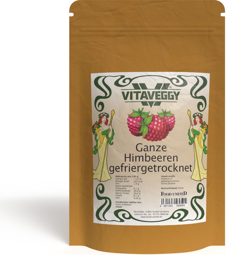 VITAVEGGY gefriergetrocknete Himbeeren ganz 190g Himbeeren gefrier-getrocknet von Food-United Trockenfrüchte Trockenobst aus China, dried raspberr...