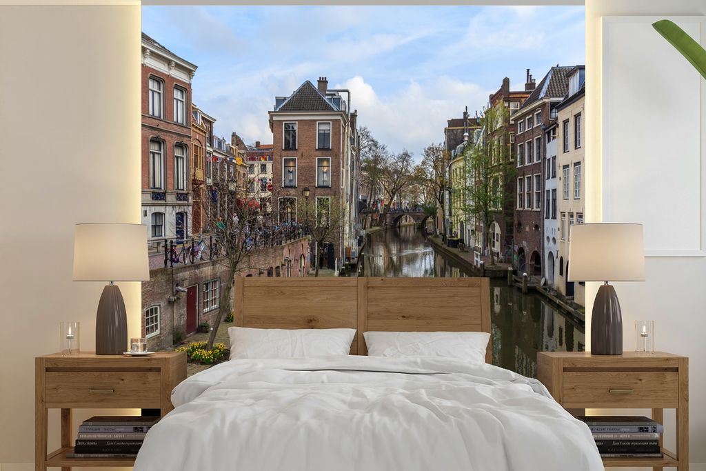 MuchoWow Fototapete für Wohnzimmer oder Schlafzimmer Wandtapete Vinyl Motivtapete Architektur - Utrecht - Kanal - 220x220 cm - Tapeten