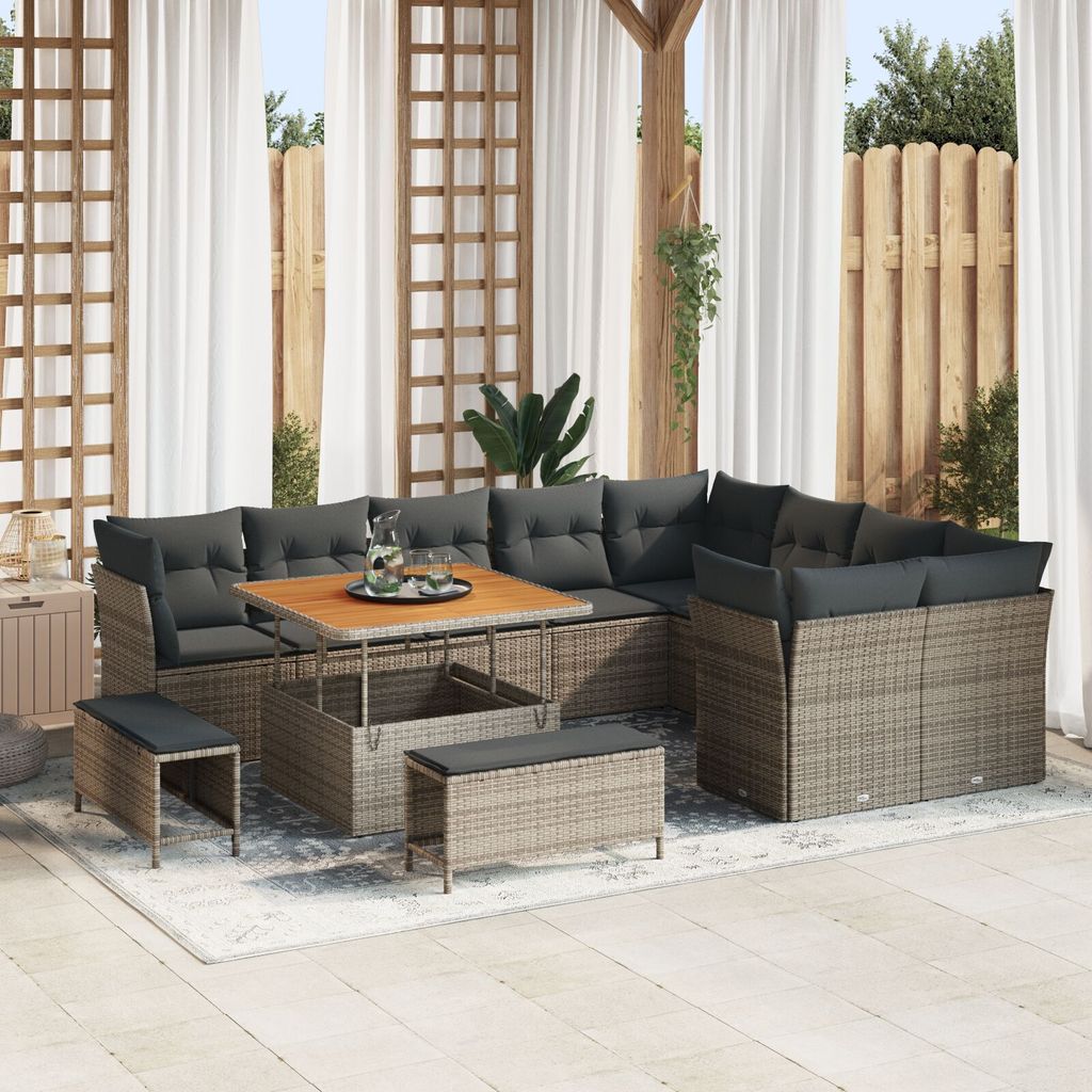 Möbel 12-teiliges Garten Sofa Set mit Kissen Grau Poly Rattan Akazie, 3-teiliges Garten Esstisch Set mit Kissen Grau Poly Rattan Akazie - Gartenso...