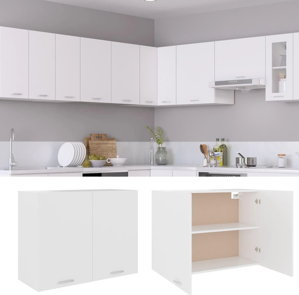 A modern white kitchen with upper cabinets and a countertop.