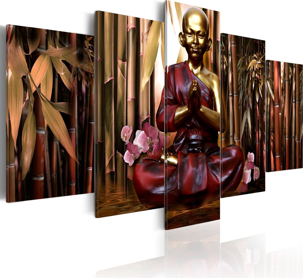 Leinwandbilder Buddha 200x100 cm Vlies Leinwandbild 5 tlg Kunstdruck modern Wandbilder XXL Wanddekoration Design Wand Bild - Statue Feng Shui Orchi...