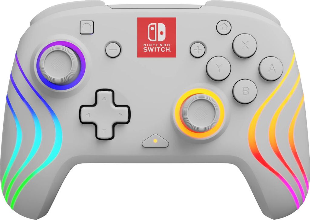 A white Nintendo Switch controller with colorful LED accents.