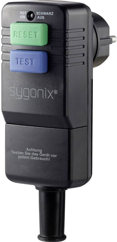 A black Sygonix personenschutz-schalter (personal protection switch) with green and blue buttons, a small indicator light, and a plug.