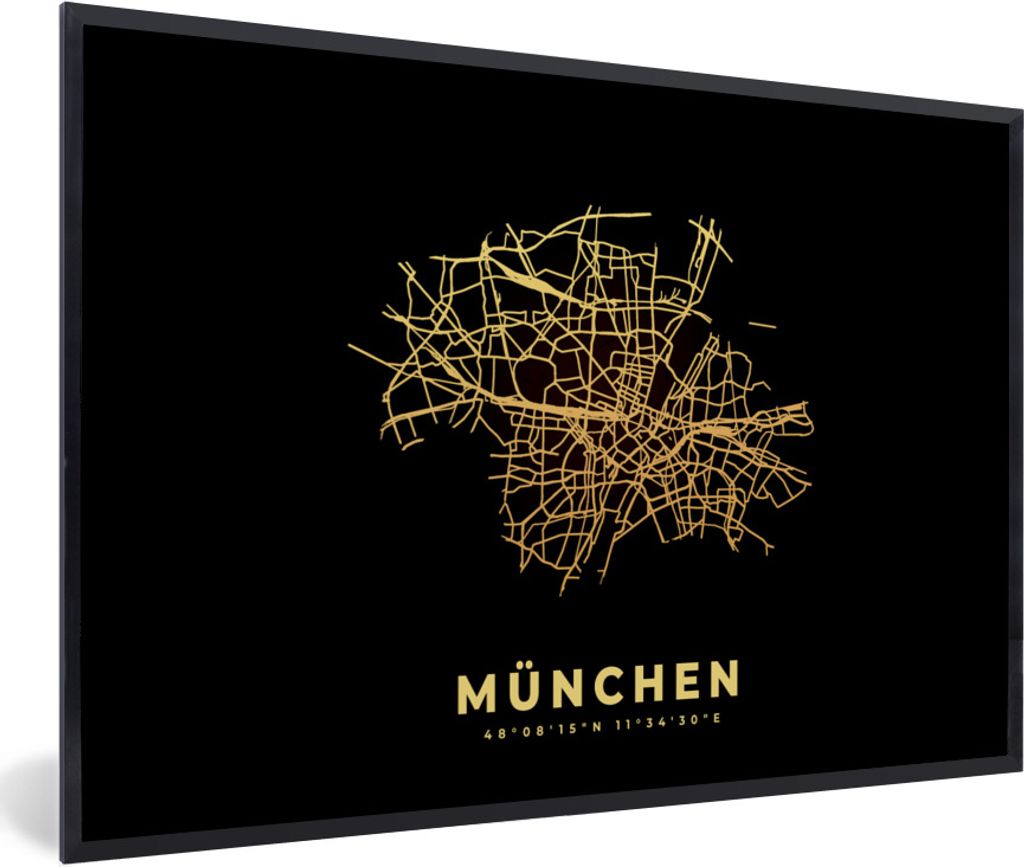 MuchoWow Gerahmtes Poster Gold - Karte - München - Stadtplan 60x40 cm - Poster mit Schwarzem Bilderrahmen Wandposter Rahmen Foto Bilder - Printi...