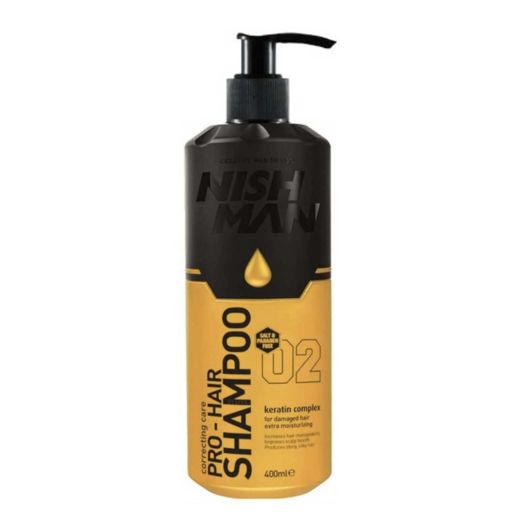 A bottle of Nishman Pro-Hair Shampoo is shown against a white background.