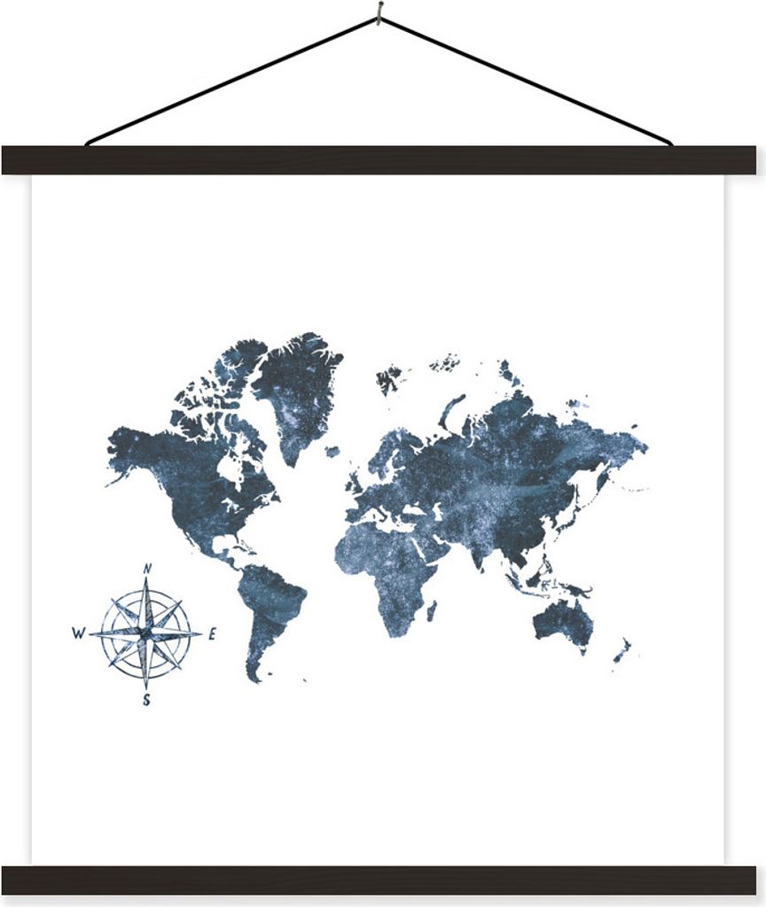 MuchoWow Textilposter Weltkarte - Blau - Kompass 60x60 cm mit schwarzem Rahmen - Posteraufhänger
