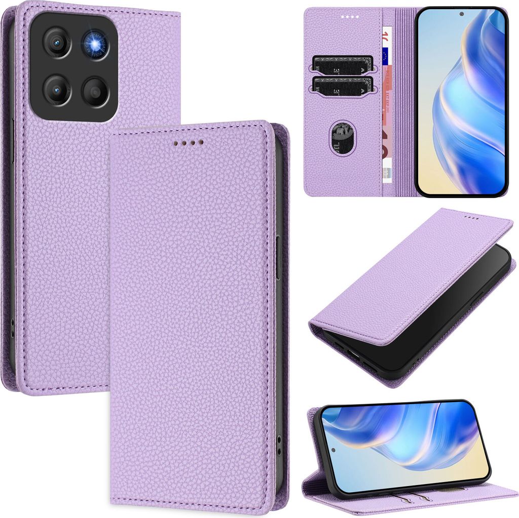 Litchi Leder Handyhülle für Motorola Moto G15 Wallet Kartenfächer Standfunktion Hülle Violett